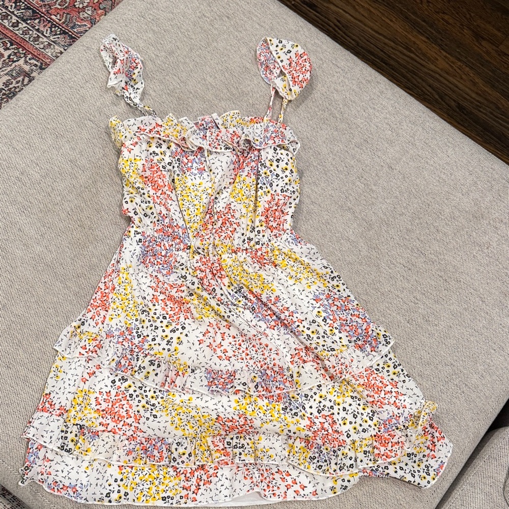 Tiered Floral Mini Dress in White with Yellow & Coral